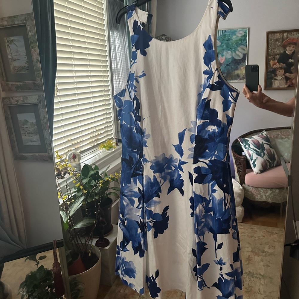 Ralph Lauren Blue and White A-Line Midi Dress.